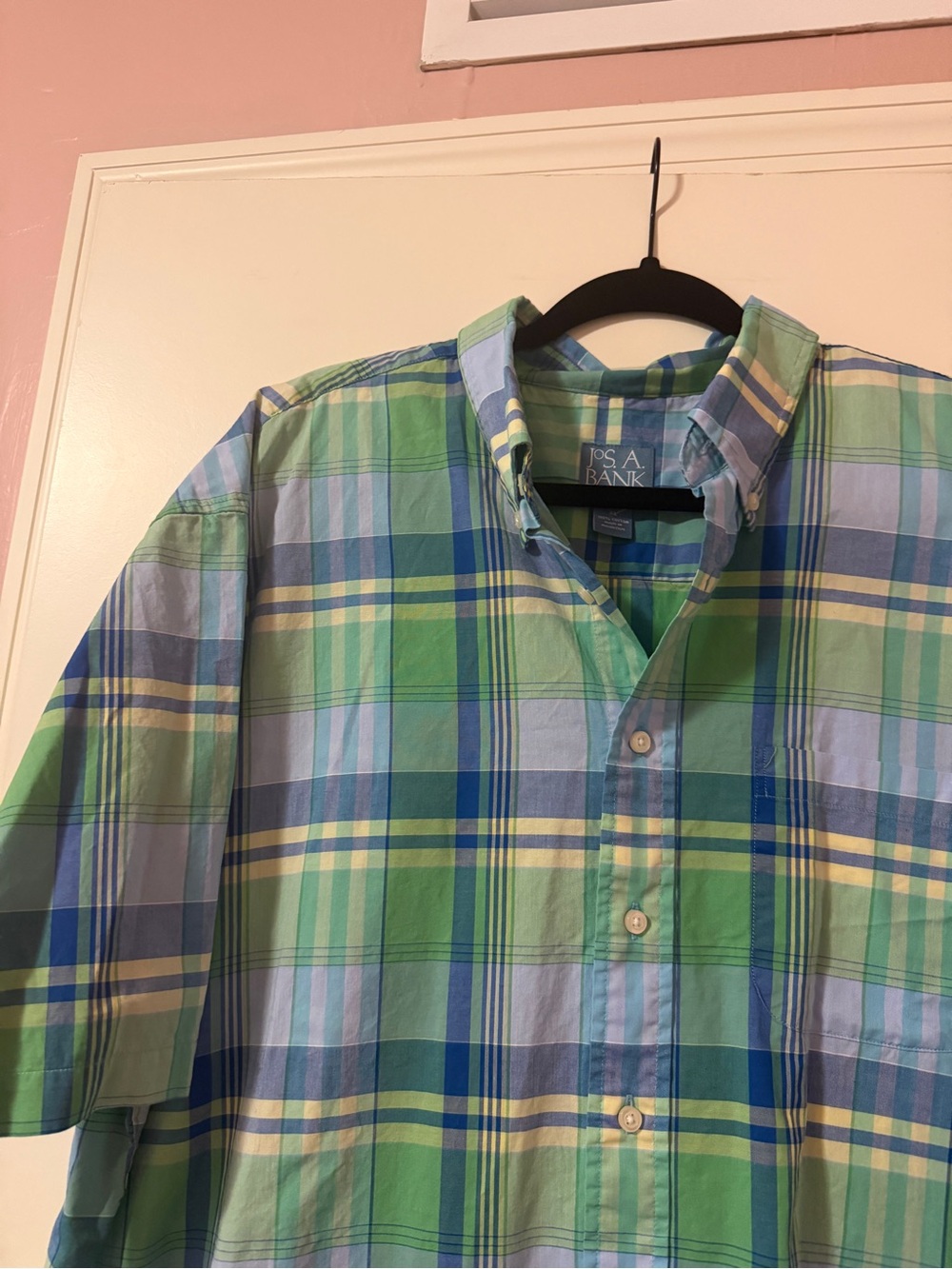 Jos. A. Bank Blue, Green & Yellow Plaid Short-Sleeve Button-Down Shirt Cool NWOT